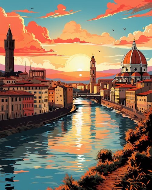 painting of a sunset over a river with a church and a bridge generative ai