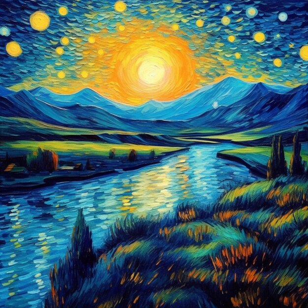 A painting of a sunset over a river with mountains in the background