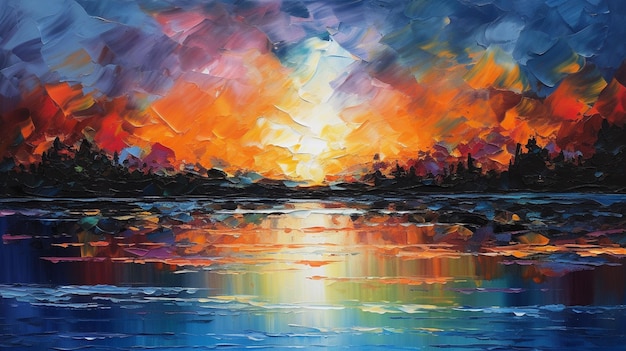 A painting of a sunset over a river with a river in the foreground.