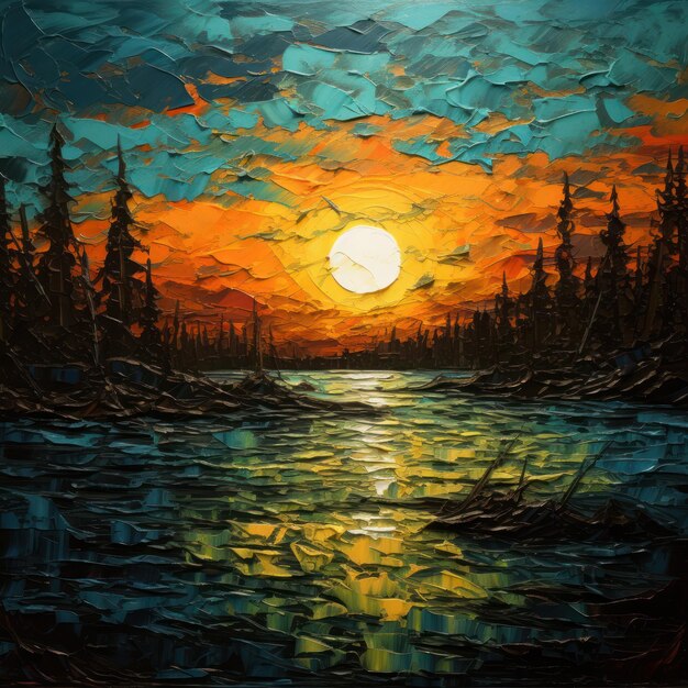 a painting of a sunset over a river