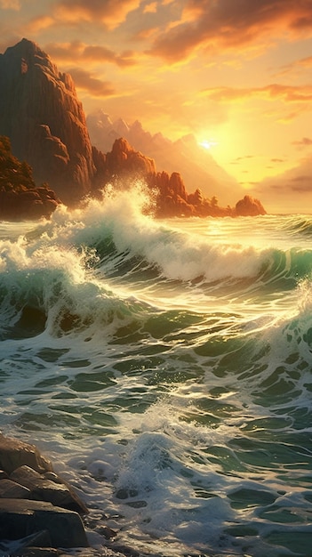 Painting of a sunset over a rocky beach with waves generative ai