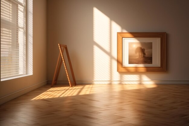 A painting of a sunset in a room with a picture frame on the wall