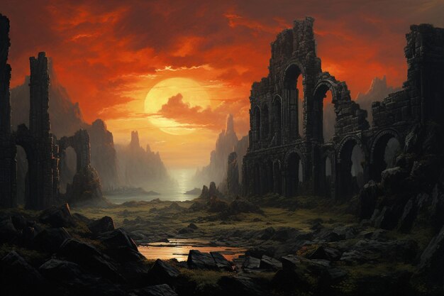 Painting of a sunset over a ruined castle with a stream running through it generative ai