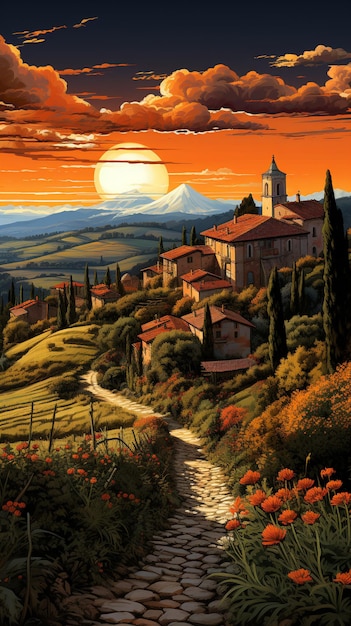 Картина заката над сельской деревней с тропой, ведущей к церкви