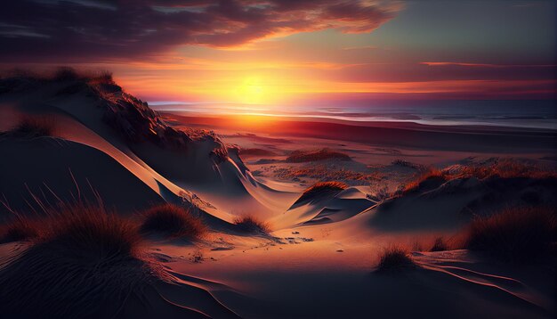 A painting of a sunset over a sandy beach generative AI