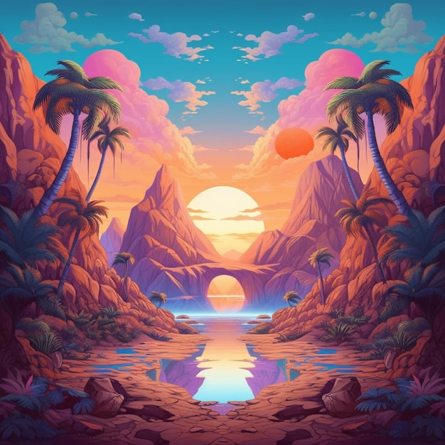 a painting of a sunset scene with palm trees and a river generative ai
