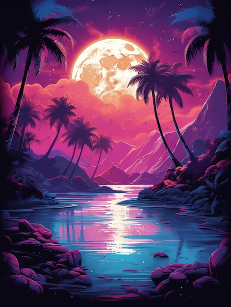 A painting of a sunset scene with palm trees and a river generative ai