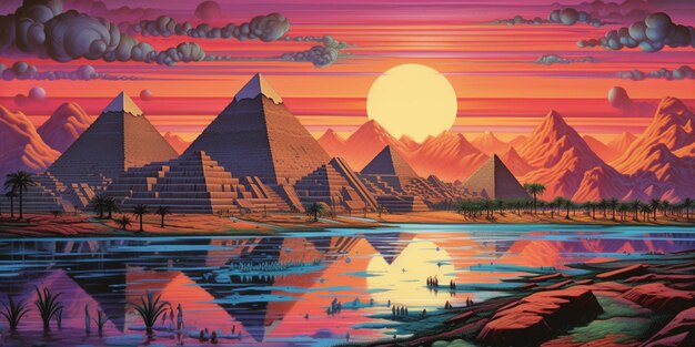 painting of a sunset scene with a pyramids and a river generative ai