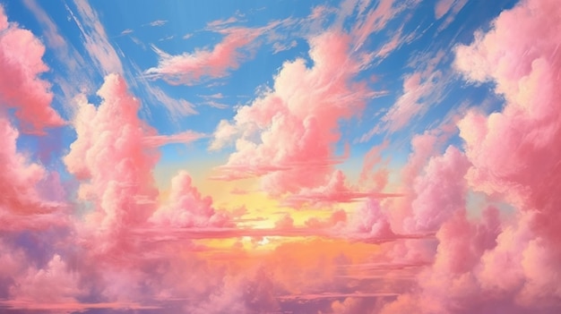 A painting of a sunset in the sky