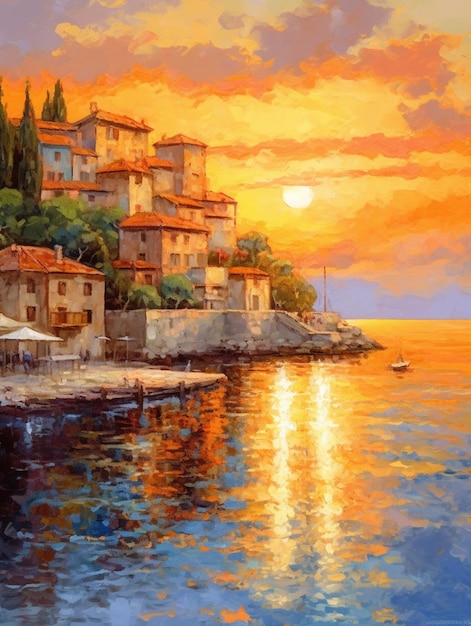 A painting of a sunset over a small town.