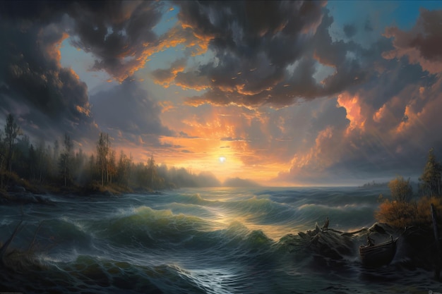 A painting of a sunset over a stormy ocean with a cloudy sky.