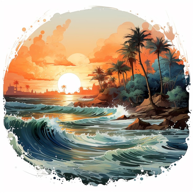 painting of a sunset over a tropical beach with palm trees generative ai