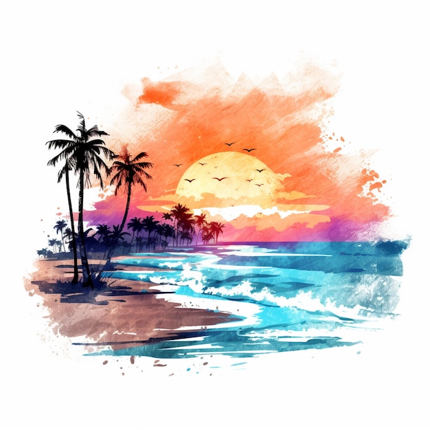 painting of a sunset on a tropical beach with palm trees generative ai