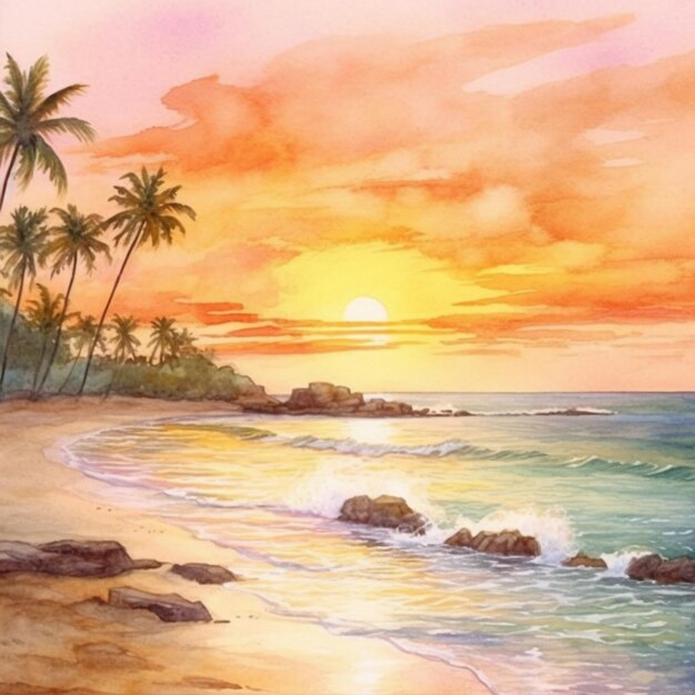 熱帯のビーチの夕暮れの絵パームの木が描かれています