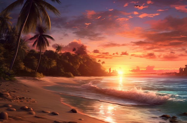 Painting of a sunset on a tropical beach with palm trees generative ai