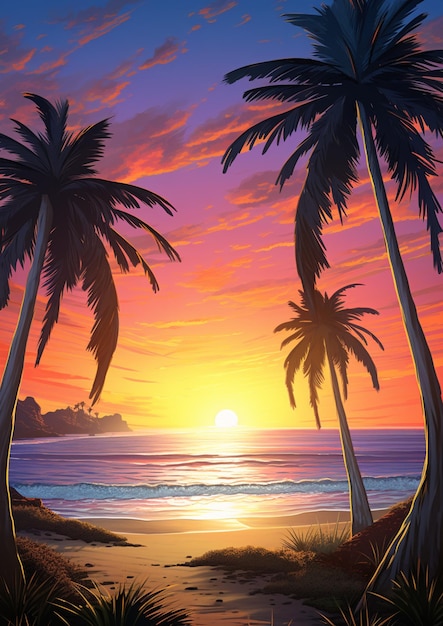 Painting of a sunset on a tropical beach with palm trees generative ai