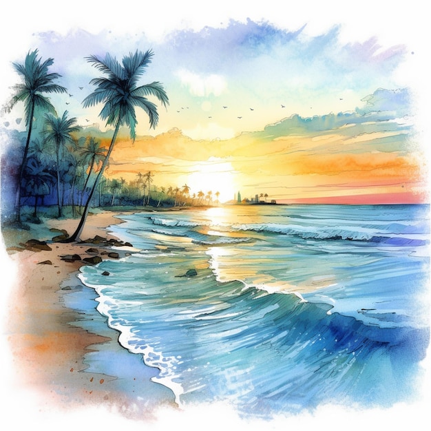 Painting of a sunset on a tropical beach with palm trees generative ai