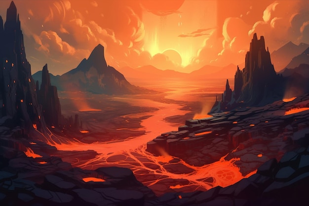 Painting of a sunset over a valley with a river running through it generative ai