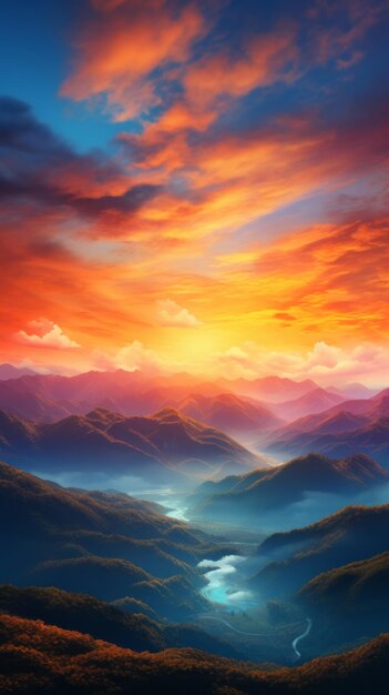 A painting of a sunset over a valley