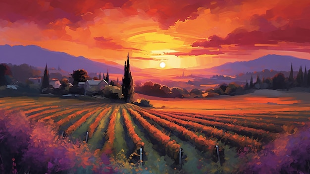 painting of a sunset over a vineyard field with a house and a church generative ai