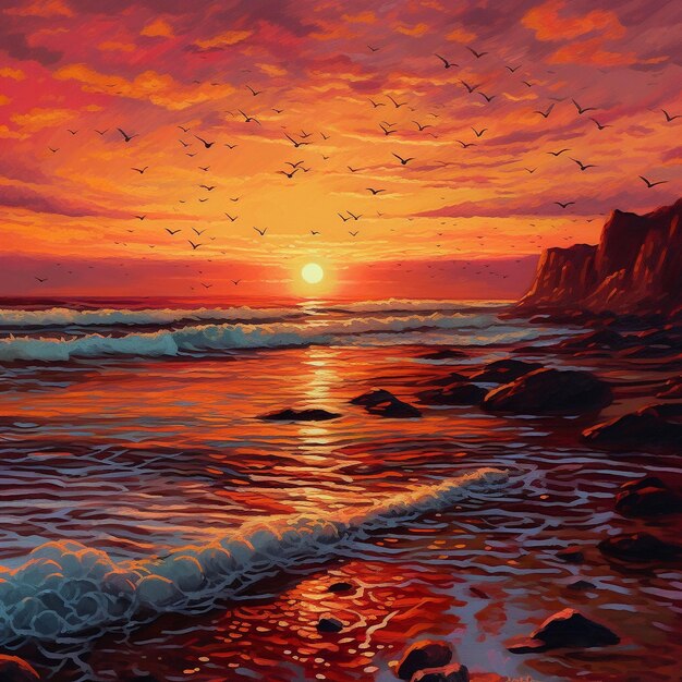 A painting of a sunset with birds flying over the ocean