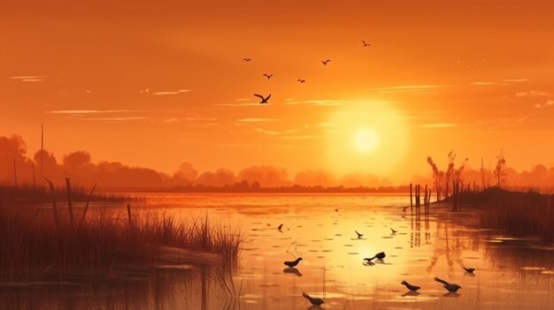 A painting of a sunset with birds flying over the water.