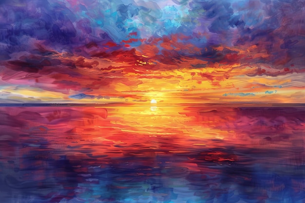 A painting of a sunset with a blue ocean in the background