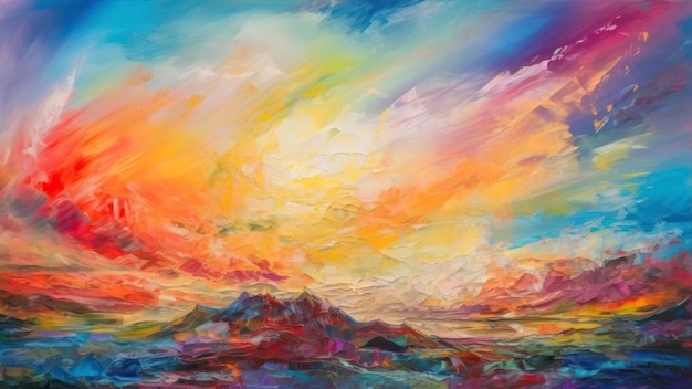 A painting of a sunset with a blue sky and clouds.