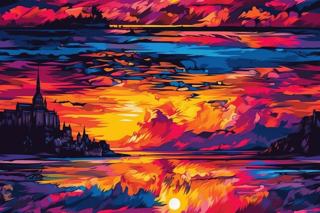 A painting of a sunset with a castle in the background.
