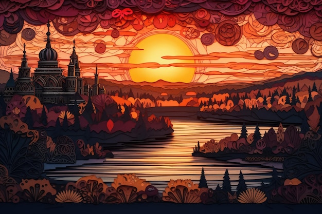 A painting of a sunset with a castle in the background