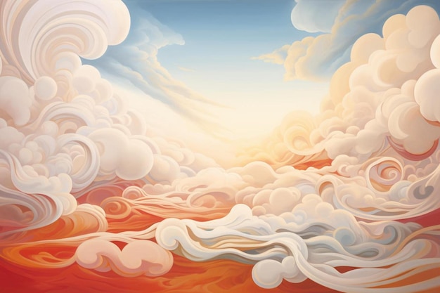 a painting of a sunset with clouds and the sun in the background.