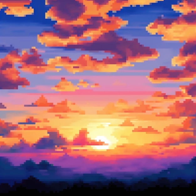 a painting of a sunset with clouds and a sunset in the background