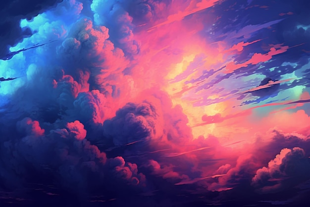 A painting of a sunset with clouds and the words " the sky " on the right side.