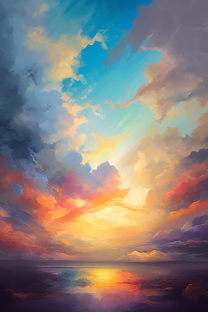 A painting of a sunset with a cloudy sky and a sunset in the background.