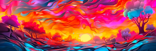 A painting of a sunset with a colorful sky in the background.