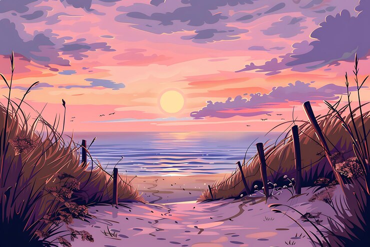 Photo a painting of a sunset with a fence and grass