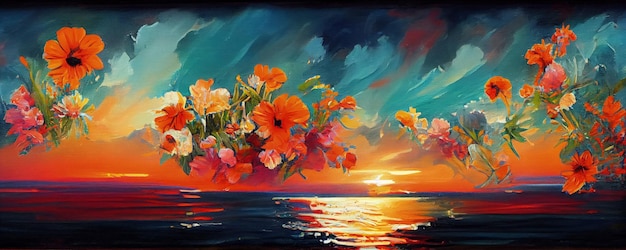 A painting of a sunset with flowers in the foreground generative AI