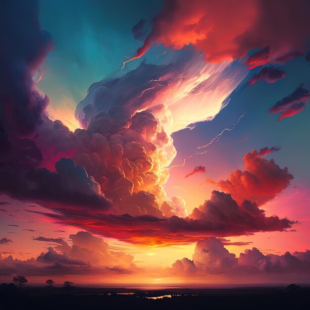 A painting of a sunset with a large cloud in the sky.