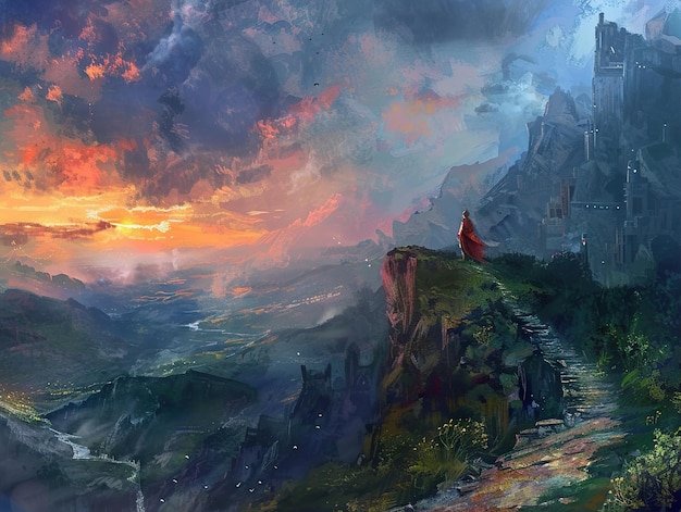 a painting of a sunset with a man and a red lighthouse on the right