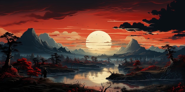 Картина заката с горой и озером на переднем плане