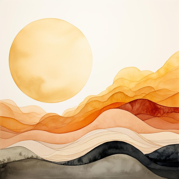 Painting of a sunset with a mountain and a sun in the background generative ai