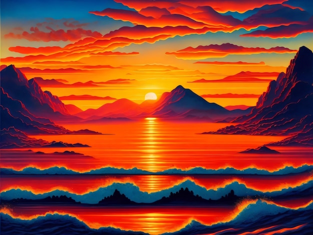 A painting of a sunset with mountains in the background