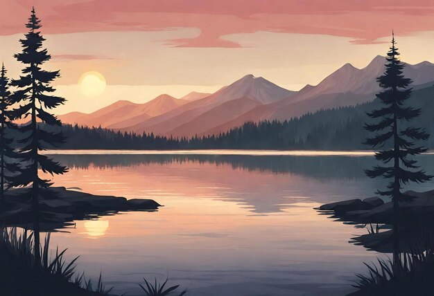 a painting of a sunset with mountains in the background