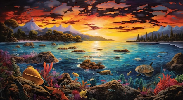 A painting of a sunset with mountains in the background.