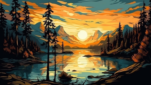 A painting of a sunset with mountains and trees in the foreground.