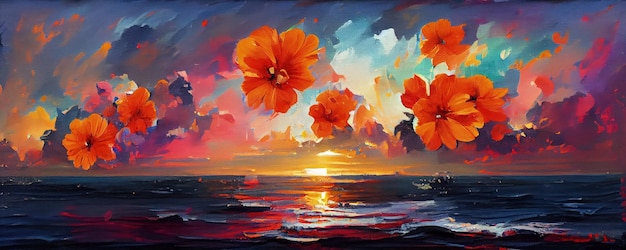 A painting of a sunset with orange flowers generative AI