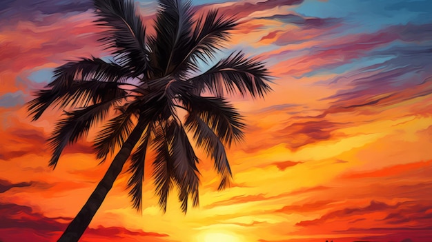 A painting of a sunset with a palm tree