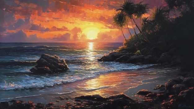 A painting of a sunset with palm trees on the beach.