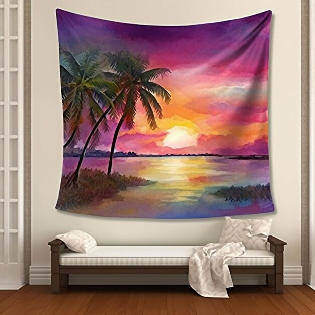 A painting of a sunset with palm trees and a bench generative ai