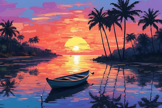 A painting of a sunset with palm trees and a boat generative ai